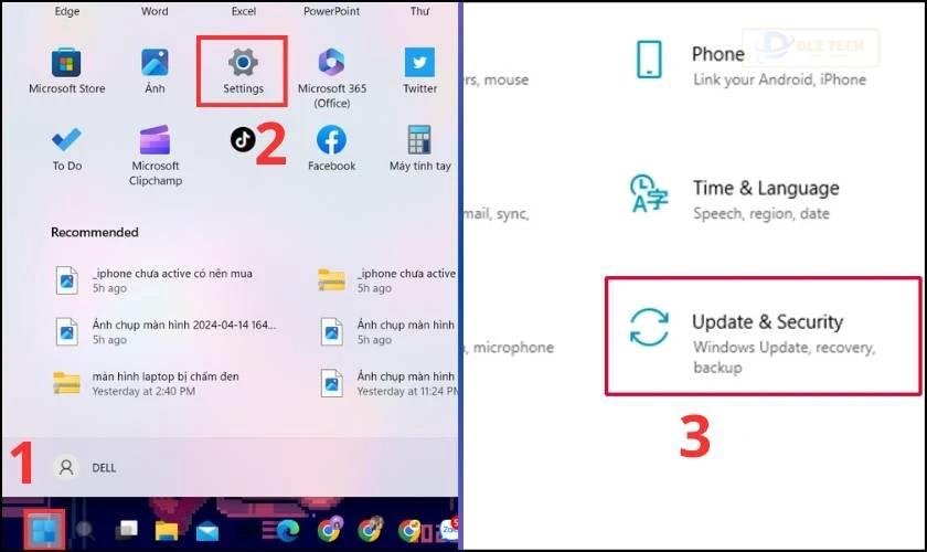 Nhấn vào mục Update & Security trong Settings