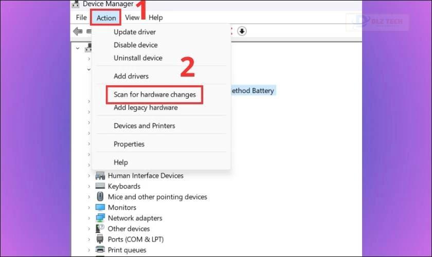 Nhấn Action và chọn Scan for hardware changes