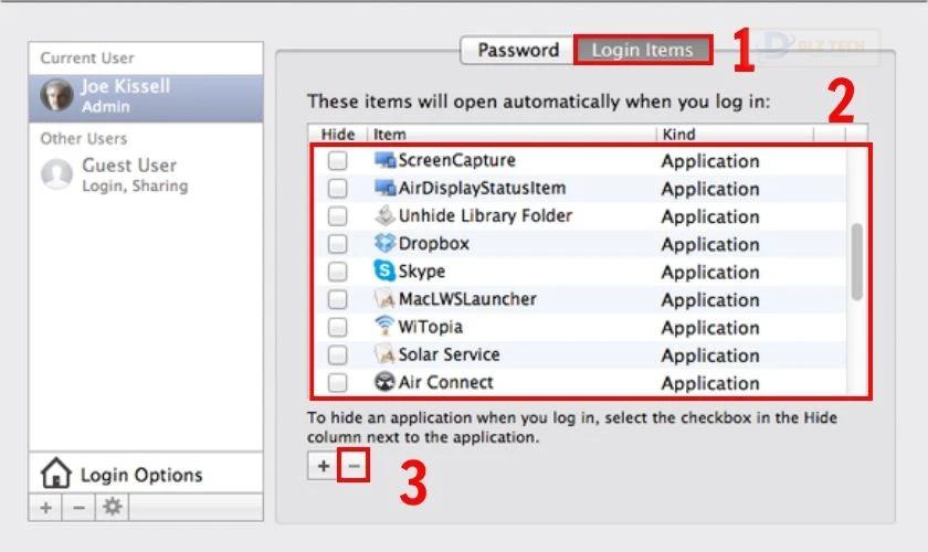 Vào tab Login Items sau đó chọn ứng dụng muốn đóng và nhấn (-)