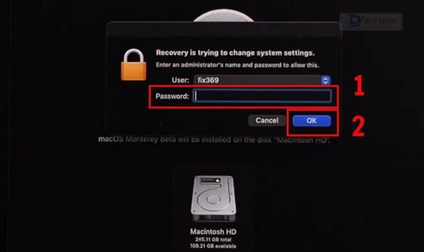 Nhập mật khẩu và nhấn OK để hoàn tất cài đặt MacOS cho màn bị ám xanh