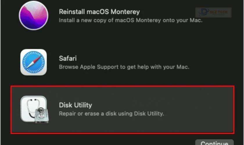 Chọn Disk Utility để kiểm tra và sửa lỗi ổ cứng