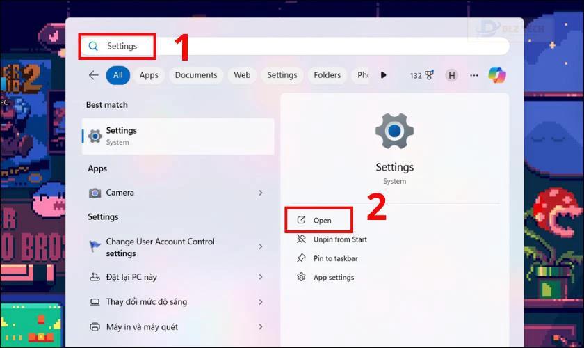 Mở Start Menu và gõ Settings sau đó nhấn vào Open hoặc biểu tượng bánh răng cưa