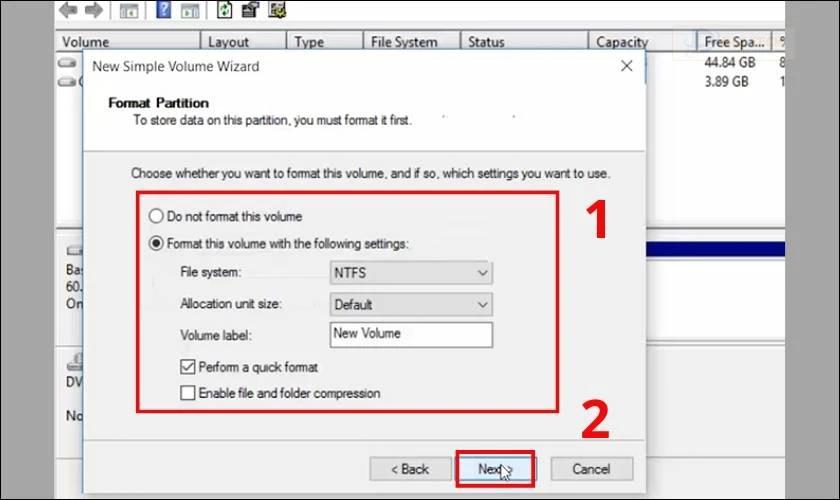 Chọn NTFS rồi nhấn Next để tiếp tục