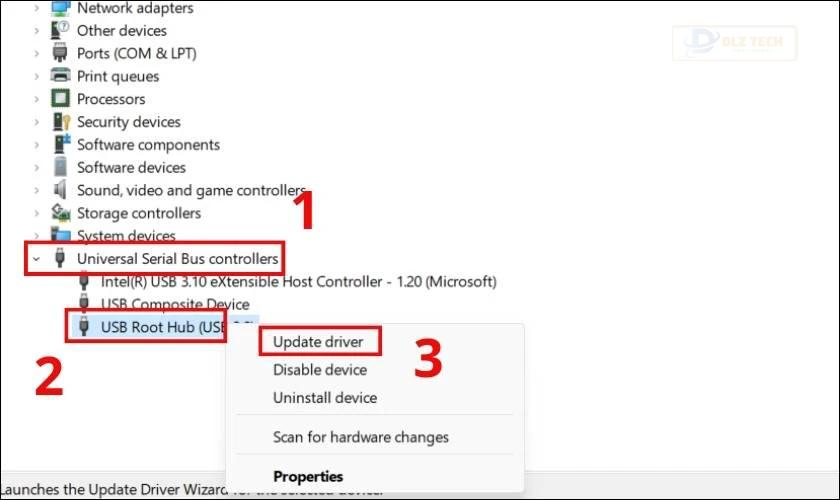 Sau đó nhấn chuột phải vào mục USB Root Hub (USB3.0) và chọn Update Driver
