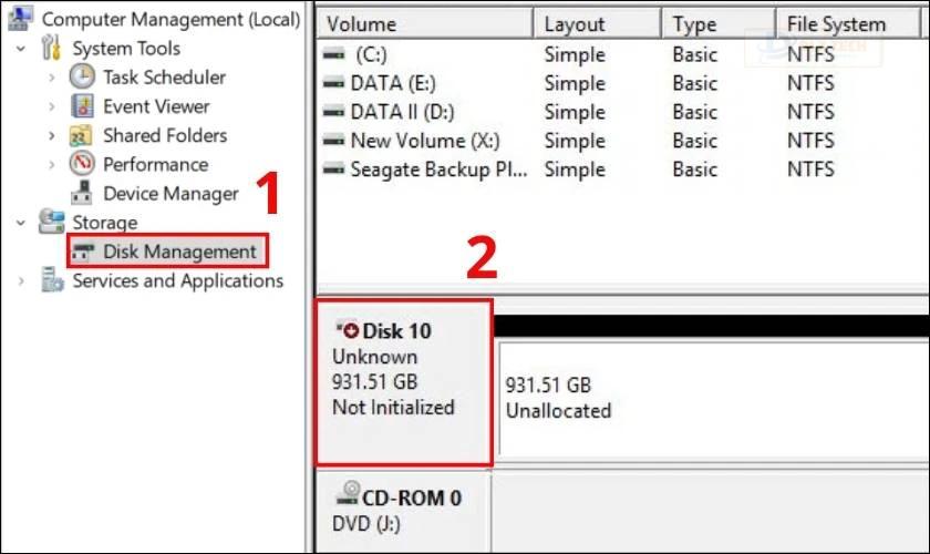 Ổ cứng có thể hiện dòng chữ Unknown hoặc Not Initialized