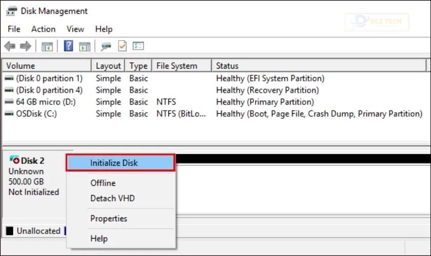 Nhấn chuột phải vào ổ cứng cần điều chỉnh lại và chọn Initialize Disk