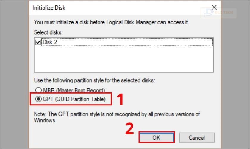 Chọn định dạng GPT rồi nhấn OK để tiếp tục