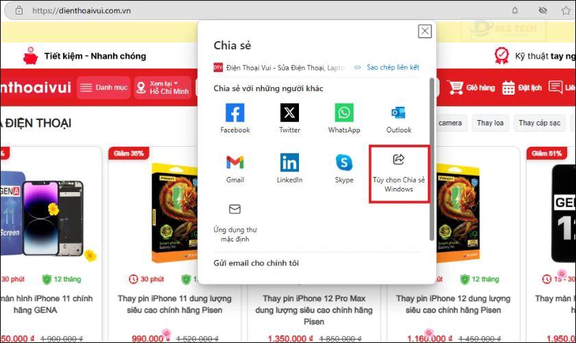 Chọn thiết bị để chia sẻ liên kết website