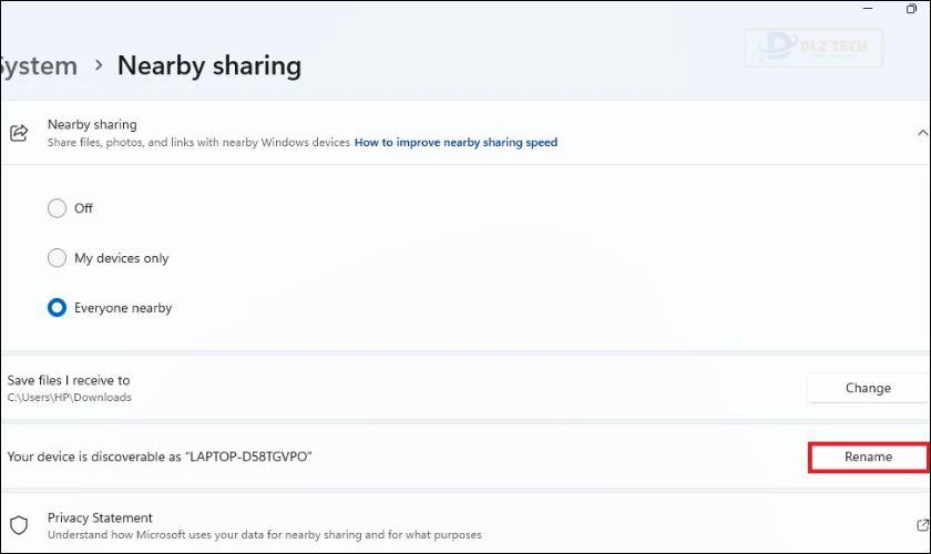 Đổi tên thiết bị trong Nearby Share Windows 11