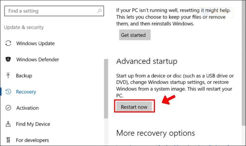Bạn click chọn Restart now. Khi thực hiện thao tác này máy tính của bạn sẽ được khởi động lại
