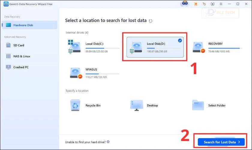 Khởi động EaseUS Data Recovery để quét ổ đĩa
