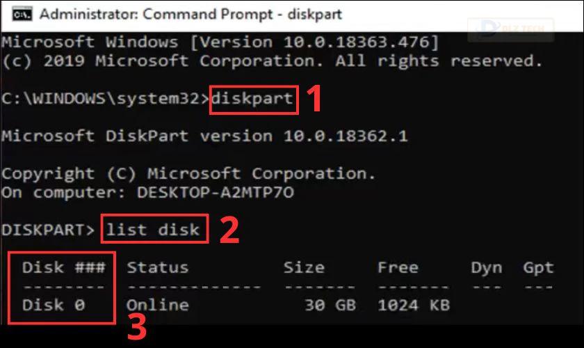 Gõ diskpart và list disk trong Command Prompt