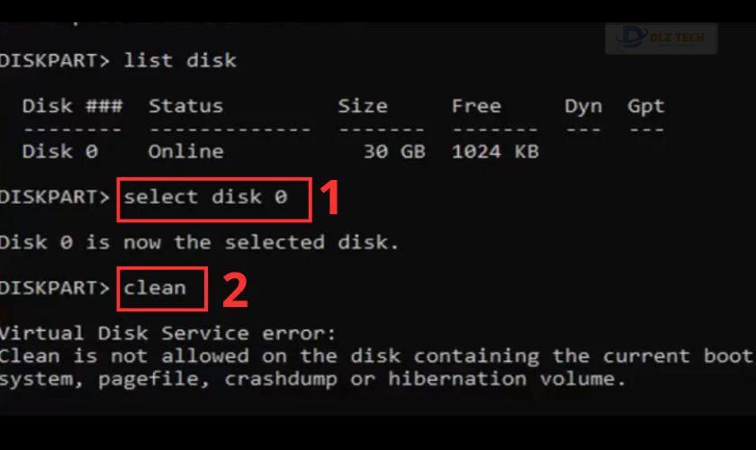 Thao tác select disk trong Command Prompt