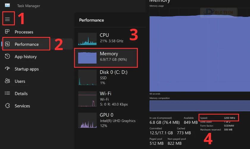 Chọn mục Perfomance rồi chọn Memory để xem Speed