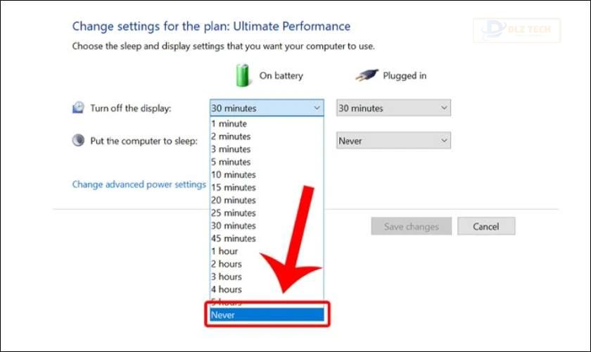 Tại phần On Battery, bạn thay đổi thành Never cho tất cả các mục