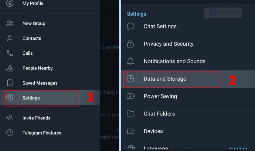 Chọn vào phần Cài đặt và bấm mục Data and Storage