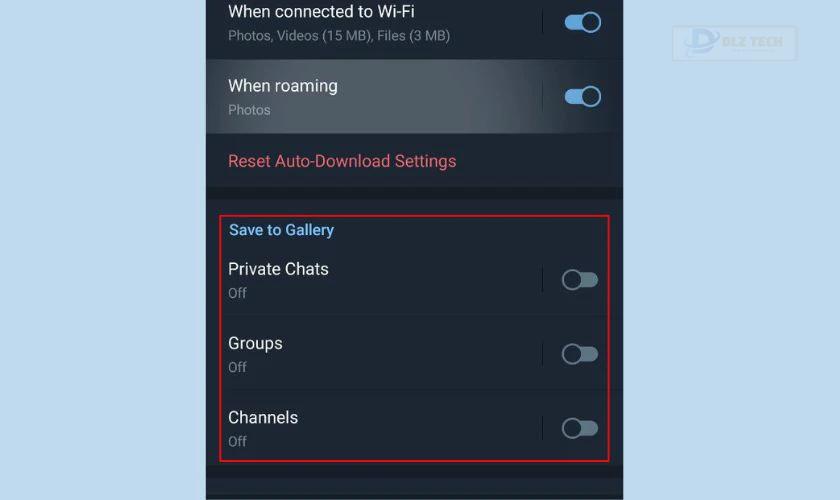 Tại mục Save to Gallery, bạn gạt hết tất cả sang bên phải để tải Video Telegram