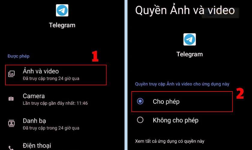 Nhấn vào Ảnh và Video rồi tiếp tục chọn Cho phép truy cập Video tải Telegram