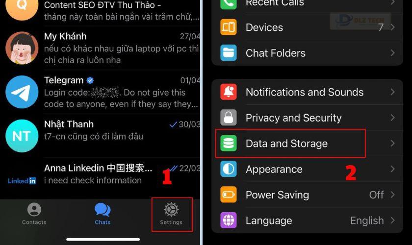 Vào mục Data and Storage trong Settings