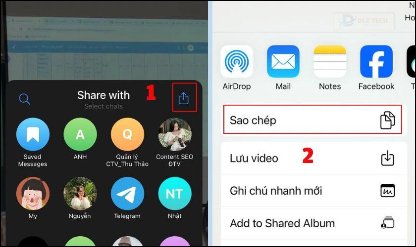 Chọn tiếp vào nút chia sẻ và bấm Sao chép