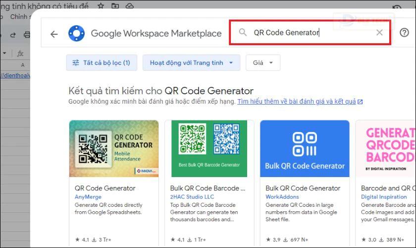 Trong cửa sổ Google Workspace Marketplace, bạn hãy tìm kiếm với từ khóa QR Code Generator