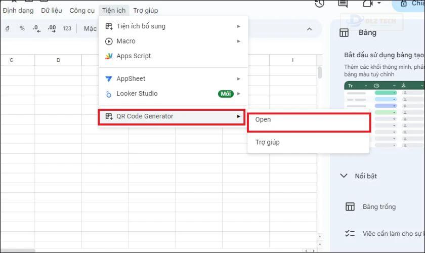Sau khi hoàn tất cài đặt, bạn quay lại bảng tính, chọn Tiện ích, chọn QR Code Generator. Sau đó, bạn chọn Open