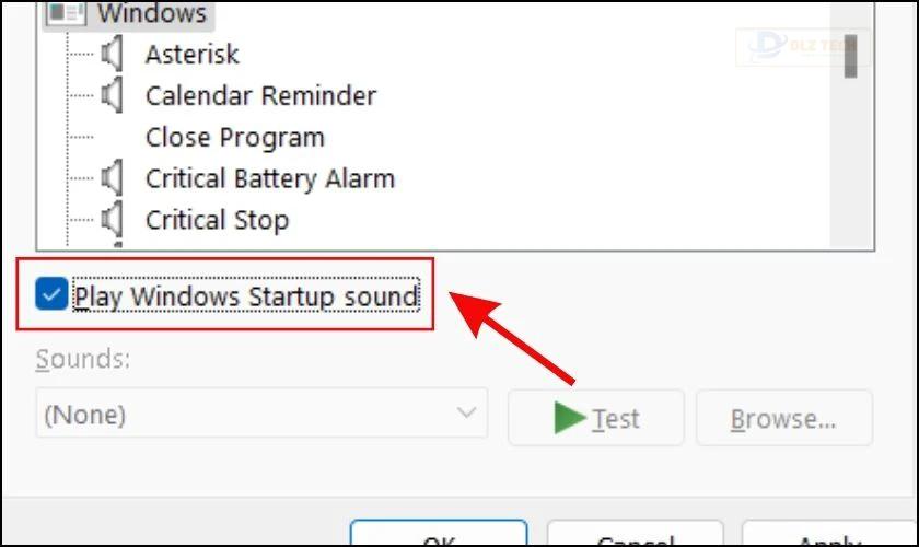Trong tab Sounds, bỏ tích ở mục Play Windows Startup sound
