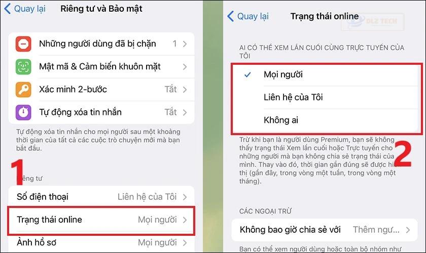Tại mục Trạng thái online, bạn có thể chọn 1 trong 3 tùy chọn