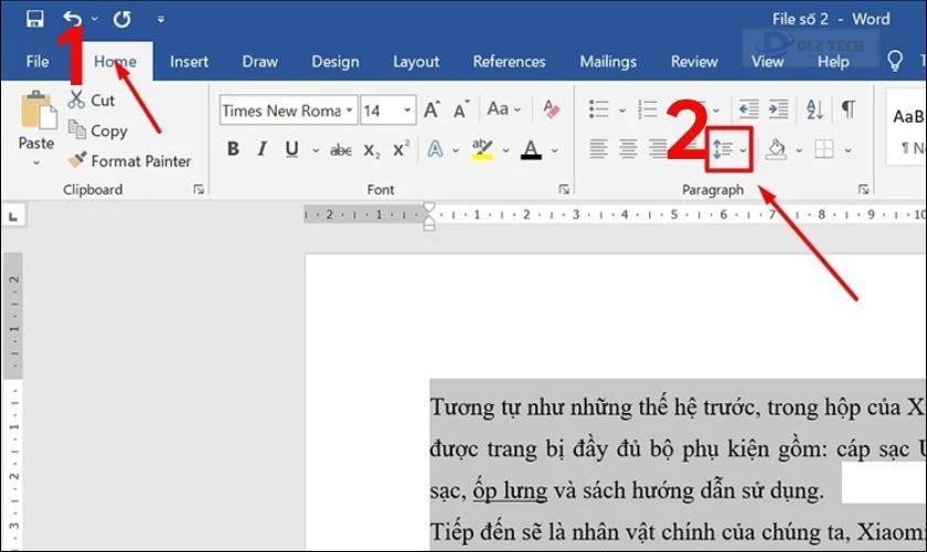 Tại tab Home, bạn chọn biểu tượng giãn dòng trong mục Paragraph