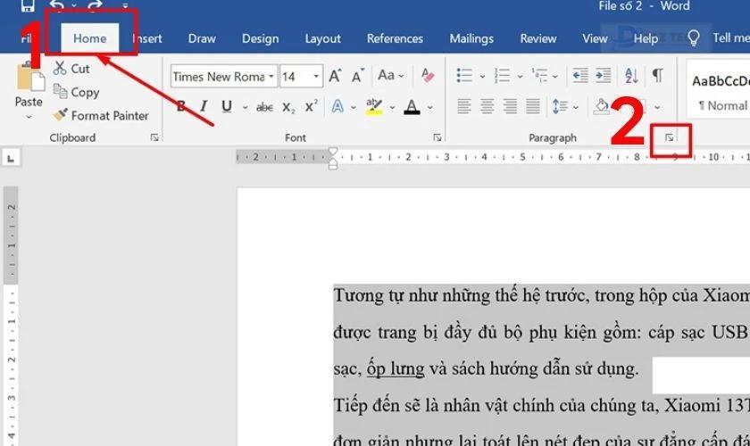 Vào tab Home và chọn vào biểu tượng mũi tên góc phải trong phần Paragraph