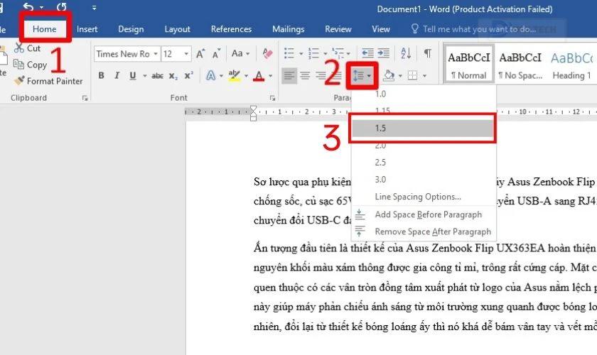 Muốn thay đổi khoảng cách dòng của văn bản từ 1.0 sang 1.5 ta làm thế nào?