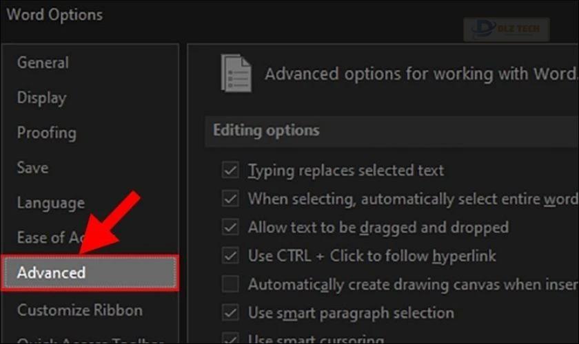 Hộp thoại Word Options sẽ xuất hiện, bạn chọn thẻ Advanced