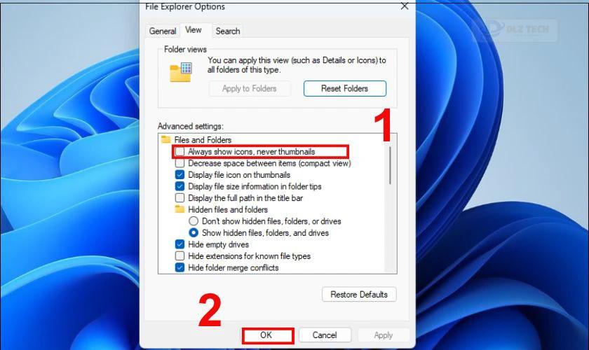 Tìm và đánh dấu tích vào ô Always show icons, never thumbnails, chọn Ok