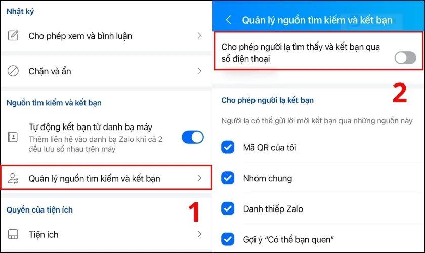 Sau đó, bạn nhấn chọn Quản lý nguồn tìm kiếm và kết bạn