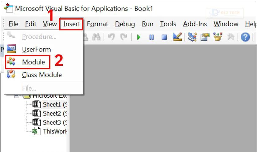 Nhấn chọn mục Insert và sau đó thực hiện chọn Module