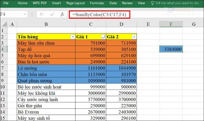 Sử dụng hàm SumByColor trực tiếp trong bảng tính Excel