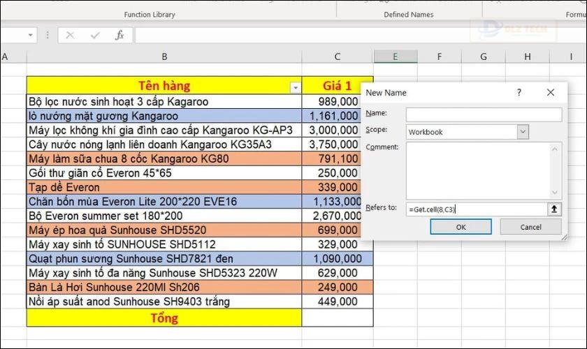 Tính tổng theo màu bằng Get.CELL và Named Range