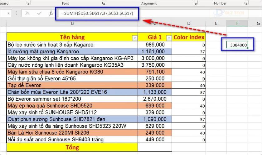Cách tính tổng theo màu bằng Get.CELL và Named Range