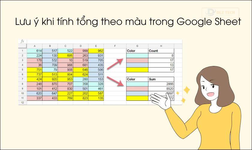 Lưu ý khi tính tổng theo màu trong Google Sheet