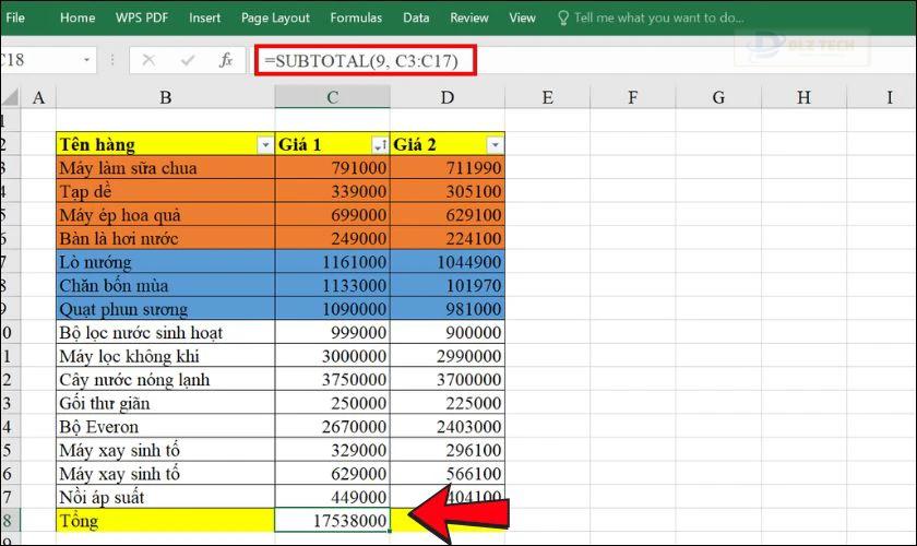 Cách tính tổng theo màu trong Google Sheet bằng hàm SUBTOTAL