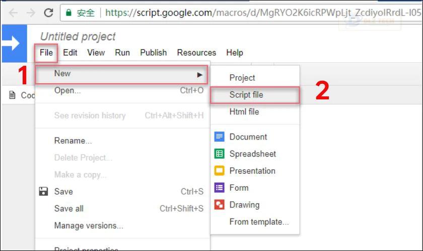Nhấn vào Tập tin (File), chọn Mới (New) và chọn Tập kịch bản (Script file)
