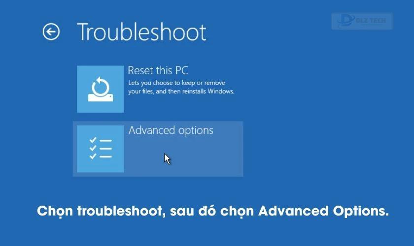 Chọn Troubleshoot và Advanced Options