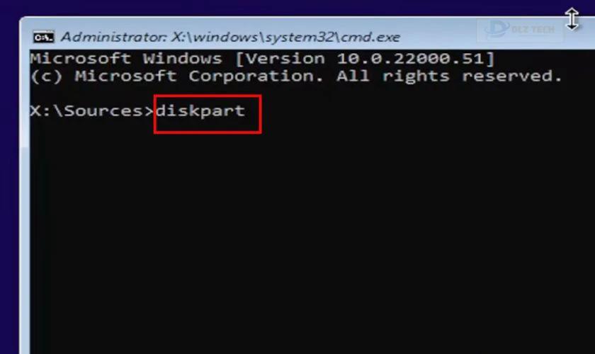 Trong cửa sổ Command Prompt, gõ lệnh diskpart và nhấn Enter