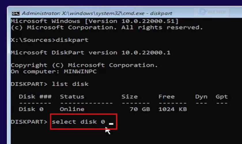 Chọn ổ đĩa cần chuyển đổi bằng lệnh select disk X, thay thế X bằng số thứ tự của ổ đĩa GPT