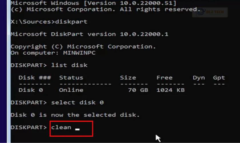 Để xóa toàn bộ dữ liệu trên ổ đĩa đã chọn, gõ lệnh clean và nhấn Enter