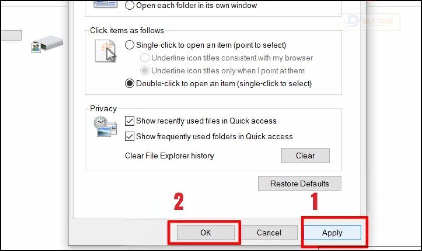 Lưu thay đổi trong Folder Options