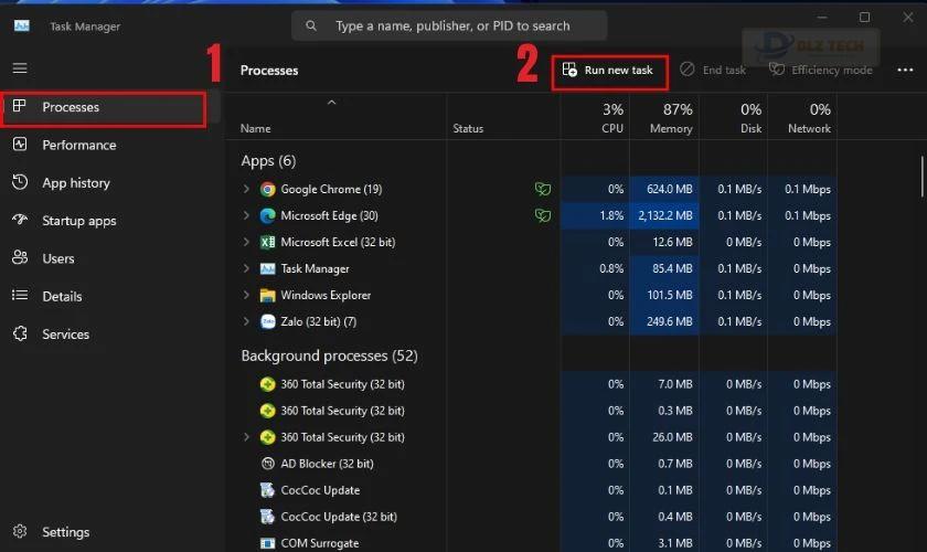Chọn Run new task trong Task Manager