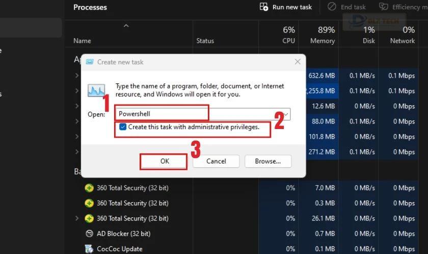 Nhập Powershell trong Create new task