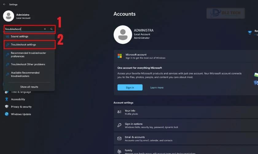 Mở Troubleshoot Settings