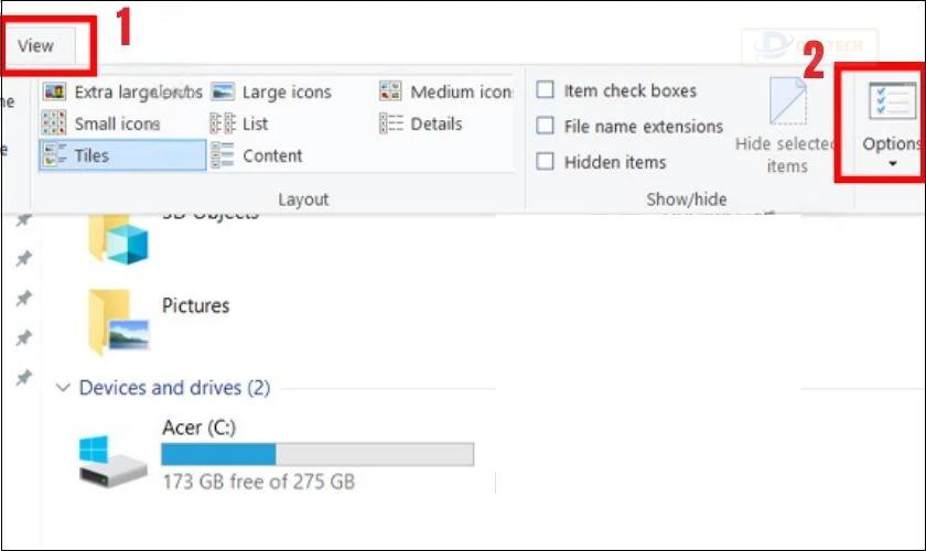 Chọn Options trong File Explorer
